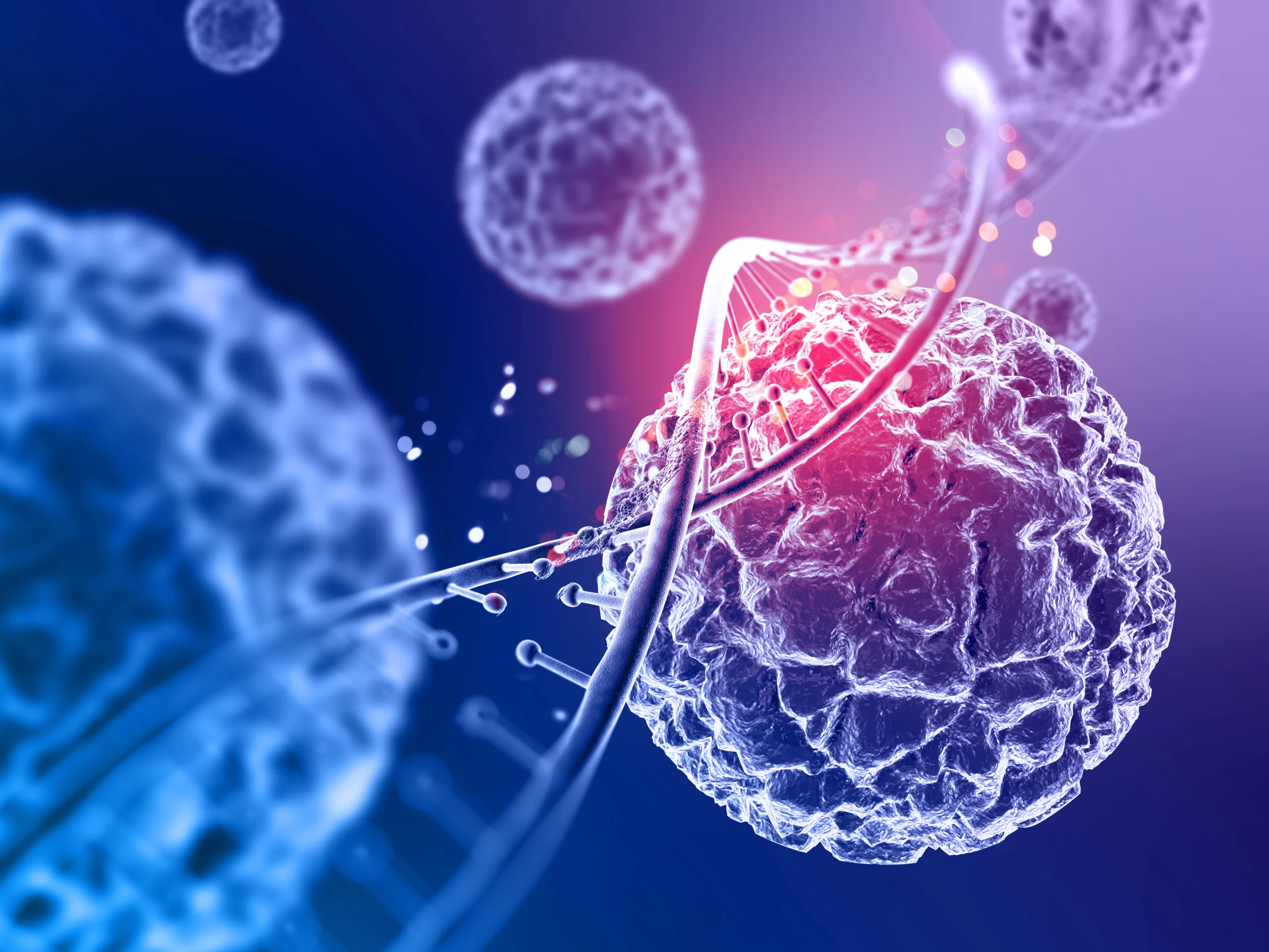 Medical illustration representing regenerative medicine, cellular repair, and DNA activity