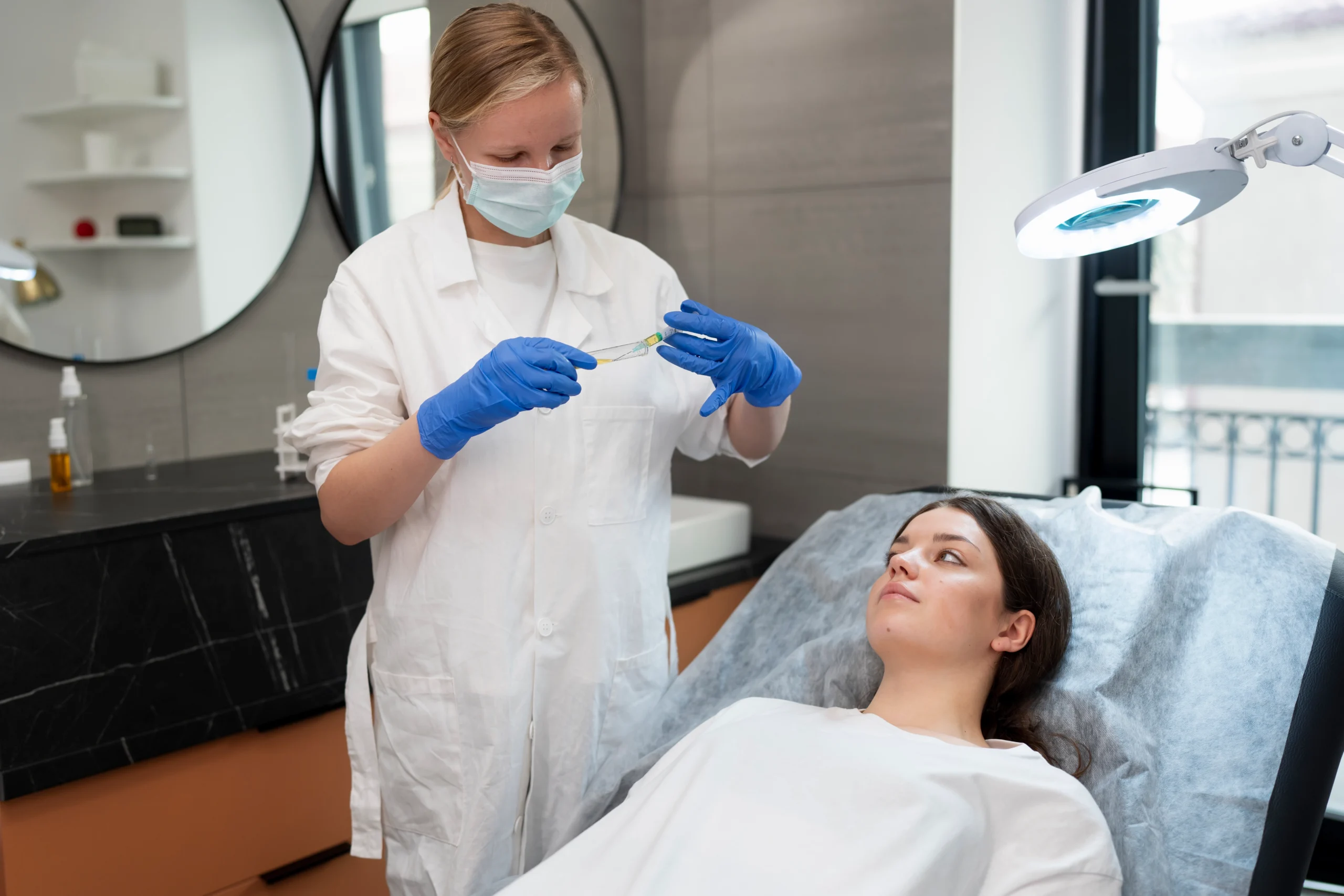Doctor preparing stem cell injection for joint pain treatment while patient lies on examination bed